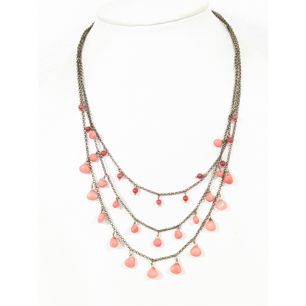 Coldwater Creek Bronze Tone Layered Chain Necklace Peach Bead Drops Boho Chic